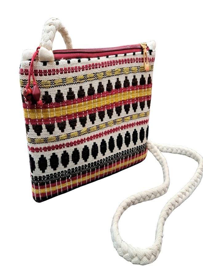 Fabjute حقيبة كتف من قماش فابجوت المصنوع يدويًا للفتيات والسيدات | حزام طويل مضفر (48-50 بوصة) | حقيبة كروس خفيفة الوزن بسحاب وزينة متدلية | مناسبة للارتداء اليومي والمناسبات العرقية (أبيض كريمي/عنابي) - Image 1